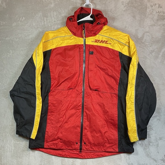 DHL Jacket Mens M Red Yellow‎ Black Windbreaker Softshell Work Lined Hooded